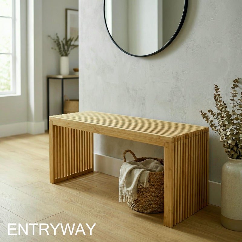 SWEVEN Bamboo Natural 36 inch Wooden Bench, Small Wood Benches for Entryway, Living & Dining Room, Kitchen, Bedroom, Bathroom, Hallway, Front Door, For Indoor & Outdoor Patio Use, Mid Century Modern Decor - Image 3