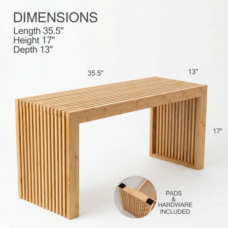 SWEVEN Bamboo Natural 36 inch Wooden Bench, Small Wood Benches for Entryway, Living & Dining Room, Kitchen, Bedroom, Bathroom, Hallway, Front Door, For Indoor & Outdoor Patio Use, Mid Century Modern Decor - Image 2
