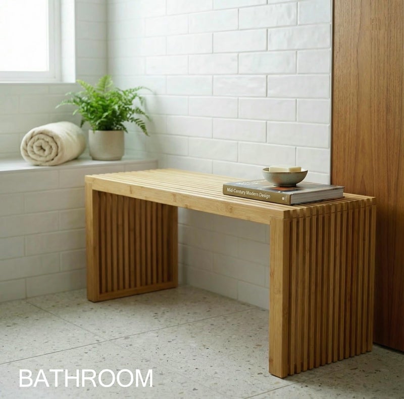 SWEVEN Bamboo Natural 36 inch Wooden Bench, Small Wood Benches for Entryway, Living & Dining Room, Kitchen, Bedroom, Bathroom, Hallway, Front Door, For Indoor & Outdoor Patio Use, Mid Century Modern Decor - Image 4