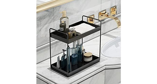 12FOR COLLECTION رف قائم ذو طبقتين، منظم تخزين لسطح المطبخ/الحمام، باللون الأسود (صنع في الهند، مطلي بالبودرة، معدني) - Image 2