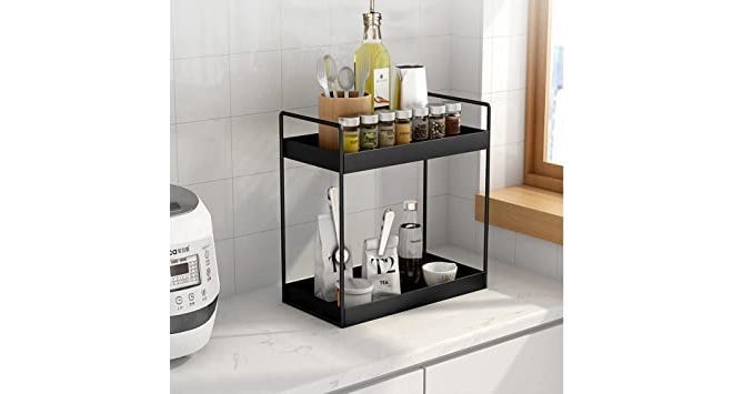 12FOR COLLECTION رف قائم ذو طبقتين، منظم تخزين لسطح المطبخ/الحمام، باللون الأسود (صنع في الهند، مطلي بالبودرة، معدني) - Image 5