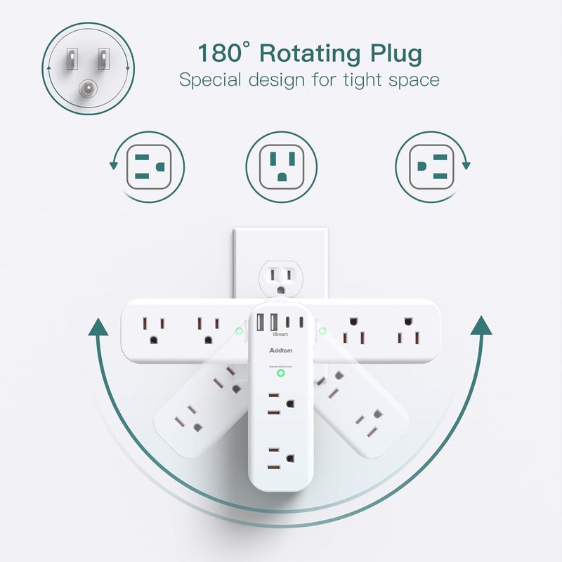 Addtam Surge Protector Wall Outlet Extender, Multi Plug Outlet with Rotating Plug, 6 AC Outlets 3 USB Ports (2 USB C), 1800J, 3-Side Power Strip Wall Mount, Outlet Splitter for College Dorm Travel Essentials - Image 3