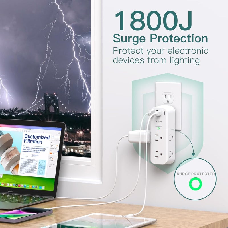Addtam Surge Protector Wall Outlet Extender, Multi Plug Outlet with Rotating Plug, 6 AC Outlets 3 USB Ports (2 USB C), 1800J, 3-Side Power Strip Wall Mount, Outlet Splitter for College Dorm Travel Essentials - Image 4