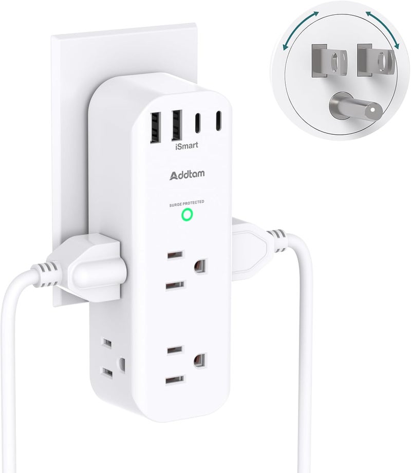Addtam Surge Protector Wall Outlet Extender, Multi Plug Outlet with Rotating Plug, 6 AC Outlets 3 USB Ports (2 USB C), 1800J, 3-Side Power Strip Wall Mount, Outlet Splitter for College Dorm Travel Essentials - Image 1