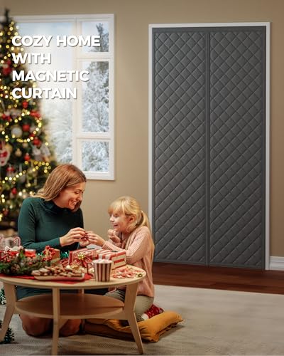 Augblinds Magnetic Thermal Insulated Door Curtain Fits Door Size 32 x 80 Inch, Insulation Cover for Cold, Oxford Cloth Thicken Cotton Filled Blanket for Front Back Attic Door in Winter, Grey - Image 2
