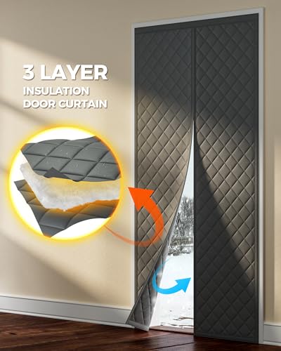 Augblinds Magnetic Thermal Insulated Door Curtain Fits Door Size 32 x 80 Inch, Insulation Cover for Cold, Oxford Cloth Thicken Cotton Filled Blanket for Front Back Attic Door in Winter, Grey - Image 3