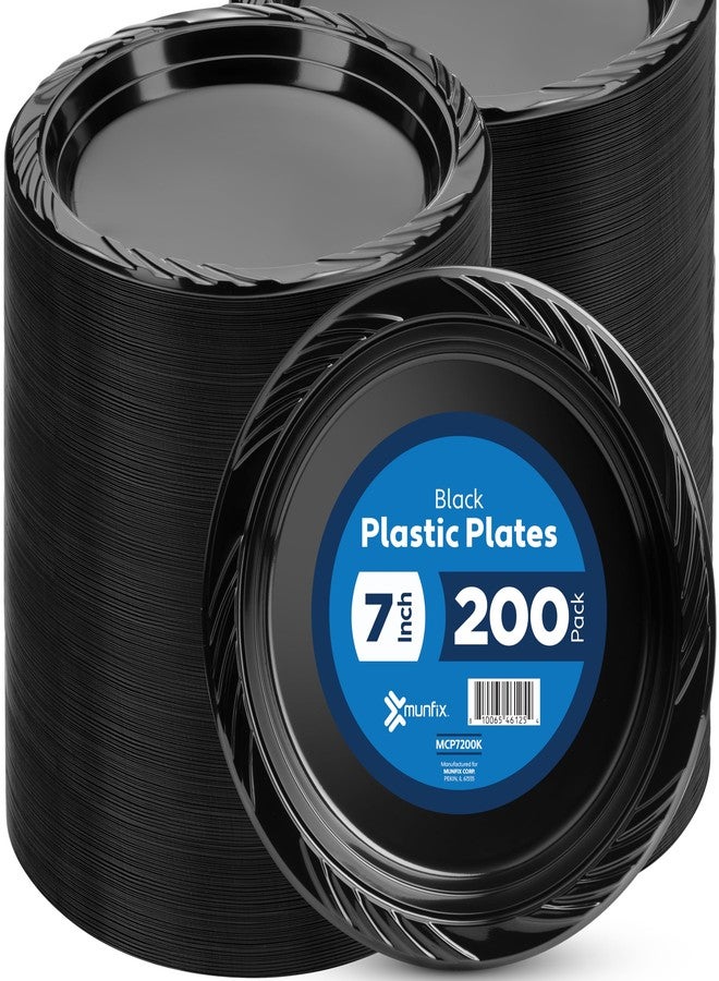 Munfix 200 Black Plastic Plates Set - 7 Inch Disposable Dessert/Salad Plates, Bulk Pack for Party, BBQ, Picnic, Parties, Travel and Events, Microwavable Recyclable - Image 1