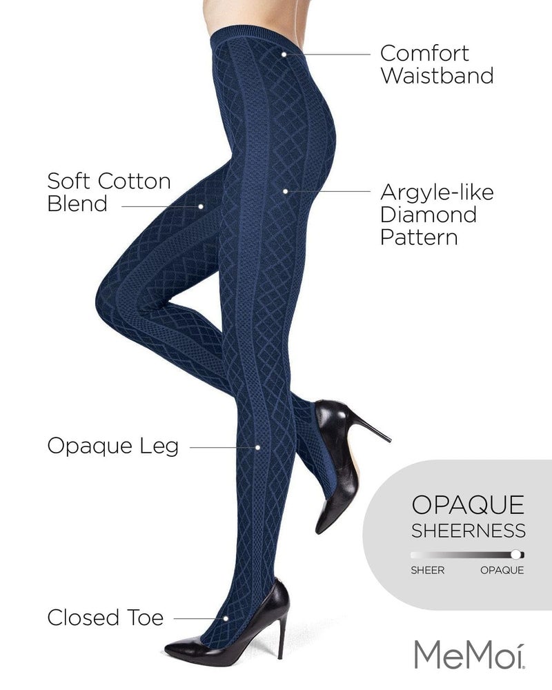 MeMoi Juneau Diamonds Cotton Tights for Women, Cozy and Elegant Sweater Tights - Sizes Small to X-Large, Navy Blazer, L-XL - Image 3