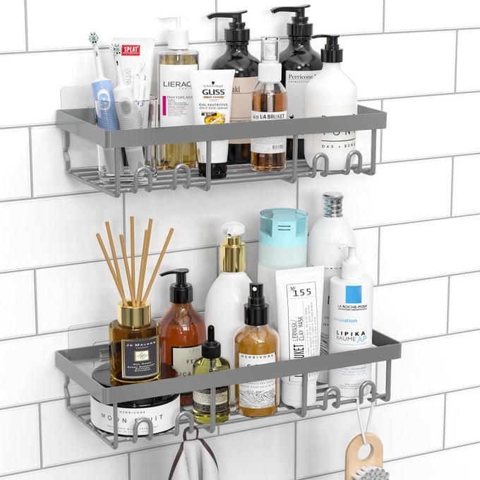 SHOWER CADDY SHELF ORGANIZER RACK SELF ADHESIVE BLACK BATHROOM SHELVES BASKET HOME FARMHOUSE WALL INSIDE ORGANIZATION AND STORAGE DECOR RV ACCESSORIES FIRST CAMPER APARTMENT ESSENTIALS