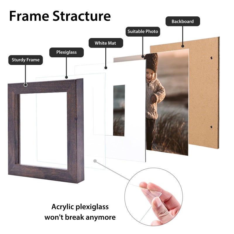 KINLINK 5x5 Picture Frames Brown  Square Photo Frames with Plexiglass for Picture 4x4 with Mat or 5x5 without Mat  Composite Wood Picture Frames for Table Top and Wall Mounting  Set of 4 - Image 3