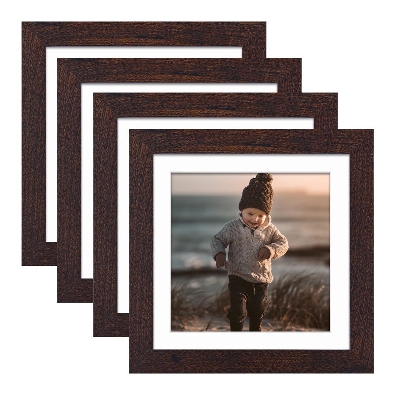 KINLINK 5x5 Picture Frames Brown  Square Photo Frames with Plexiglass for Picture 4x4 with Mat or 5x5 without Mat  Composite Wood Picture Frames for Table Top and Wall Mounting  Set of 4 - Image 1