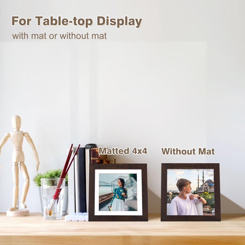 KINLINK 5x5 Picture Frames Brown  Square Photo Frames with Plexiglass for Picture 4x4 with Mat or 5x5 without Mat  Composite Wood Picture Frames for Table Top and Wall Mounting  Set of 4 - Image 5