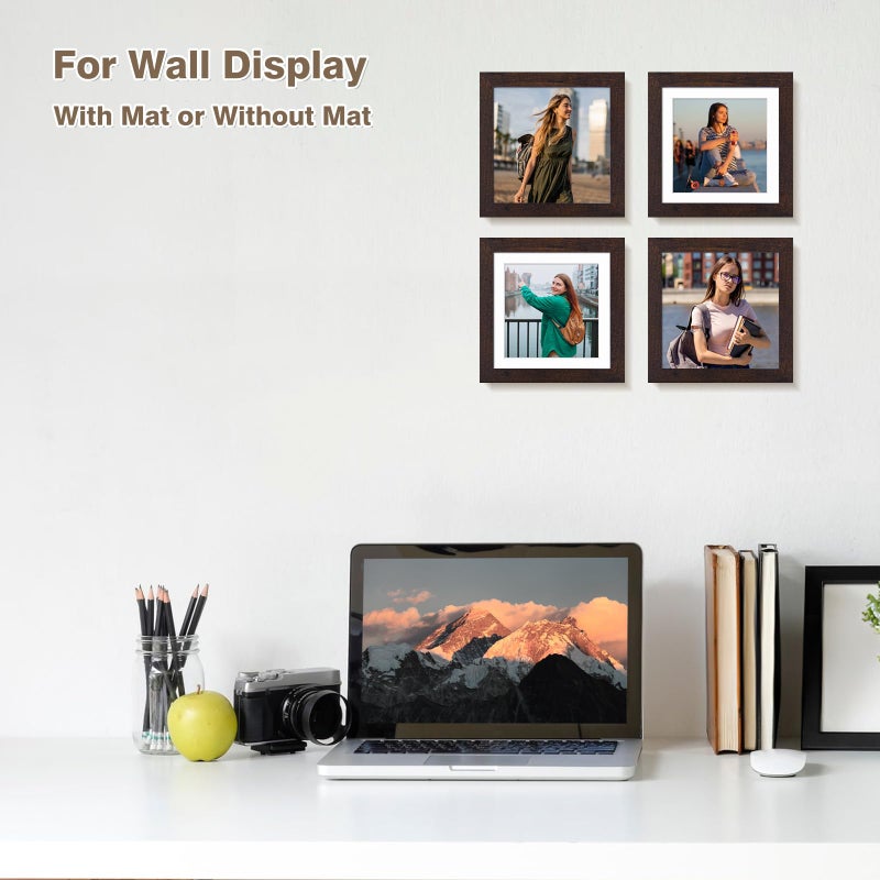 KINLINK 5x5 Picture Frames Brown  Square Photo Frames with Plexiglass for Picture 4x4 with Mat or 5x5 without Mat  Composite Wood Picture Frames for Table Top and Wall Mounting  Set of 4 - Image 4