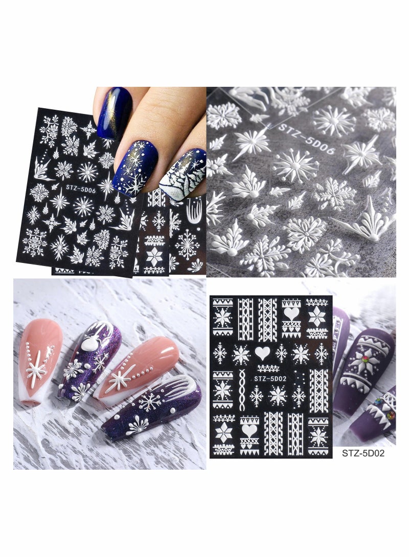 Snowflake Nail Art Sticker Decals 5D Embossed White Self Adhesive Supplies Decoration Lattice Elk Classic Autumn Winter Acrylic Nails Design 8 Sheets - Image 3