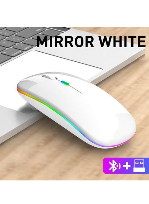 Bluetooth 5.1 & 2.4GHz Dual Mode Wireless Mouse, Rechargeable Silent RGB Mouse with USB Receiver – White