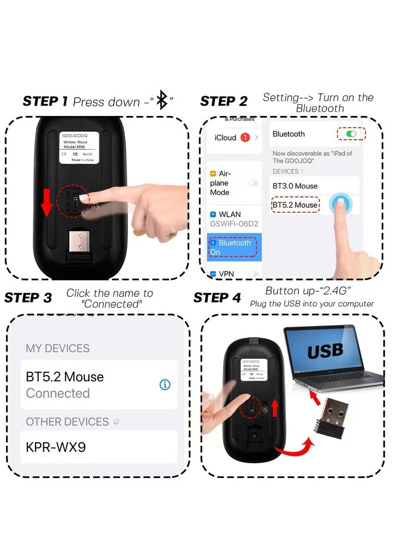 ماوس بلوتوث لاسلكي، بلوتوث 5.1 + 2.4GHz USB لاسلكي استقبال، نوع-C قابل لإعادة الشحن صامت بلوتوث ماوس لاسلكي لأجهزة الكمبيوتر الشخصية، أجهزة الكمبيوتر المحمولة، الأجهزة اللوحية، الهواتف الخلوية، 3 DPI قابل للتعديل مسبقا مع أضواء RGB - Image 5