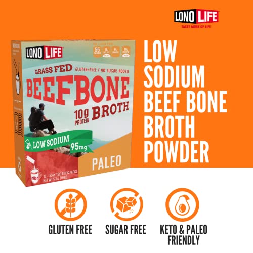 LonoLife Low Sodium Beef Bone Broth Powder Mix | Grass-Fed, 10g Protein | Collagen-Rich, Keto & Paleo Friendly | Natural Ingredients | 10 Portable Stick Pack Servings - Image 2