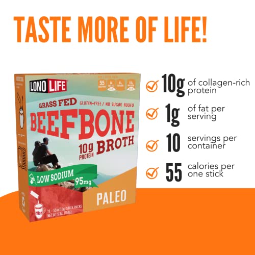 LonoLife Low Sodium Beef Bone Broth Powder Mix | Grass-Fed, 10g Protein | Collagen-Rich, Keto & Paleo Friendly | Natural Ingredients | 10 Portable Stick Pack Servings - Image 4