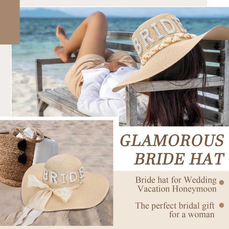 Cozypower Bride Sun Hat Wide Brim Straw Floppy Bride Beach Hat for Women Bridal Honeymoon Wedding Party Engagement(Beige) - Image 4