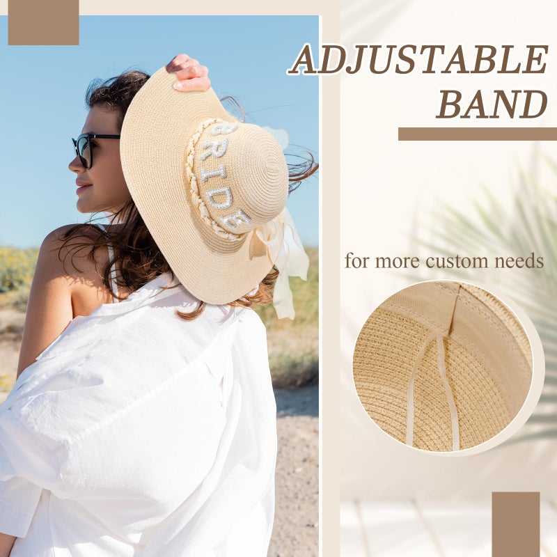Cozypower Bride Sun Hat Wide Brim Straw Floppy Bride Beach Hat for Women Bridal Honeymoon Wedding Party Engagement(Beige) - Image 5