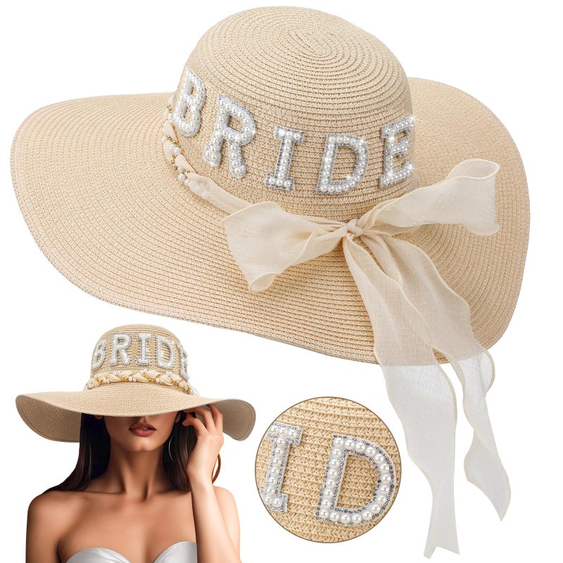 Cozypower Bride Sun Hat Wide Brim Straw Floppy Bride Beach Hat for Women Bridal Honeymoon Wedding Party Engagement(Beige) - Image 1