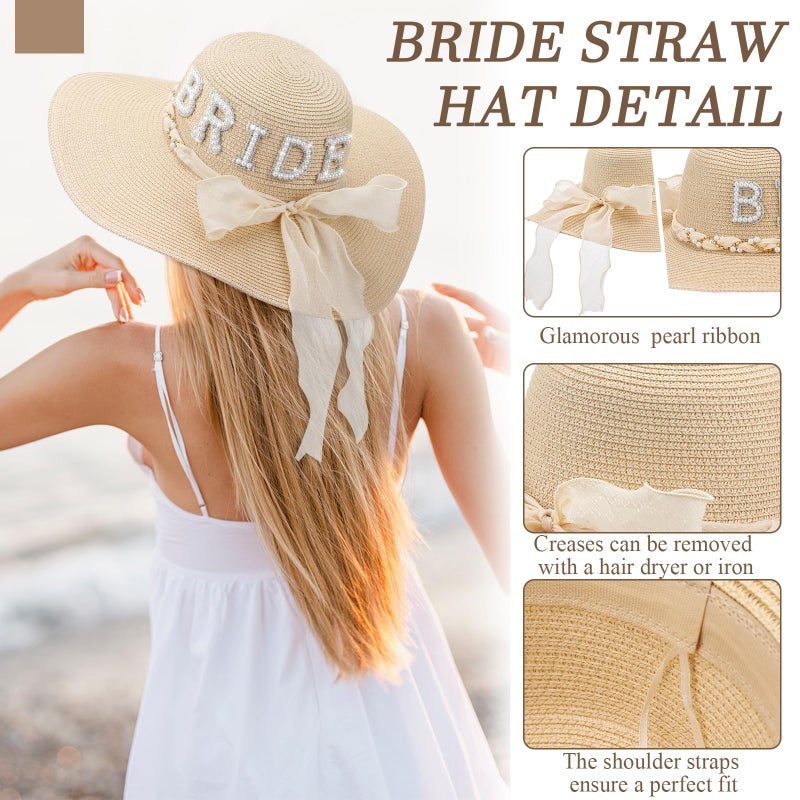 Cozypower Bride Sun Hat Wide Brim Straw Floppy Bride Beach Hat for Women Bridal Honeymoon Wedding Party Engagement(Beige) - Image 3