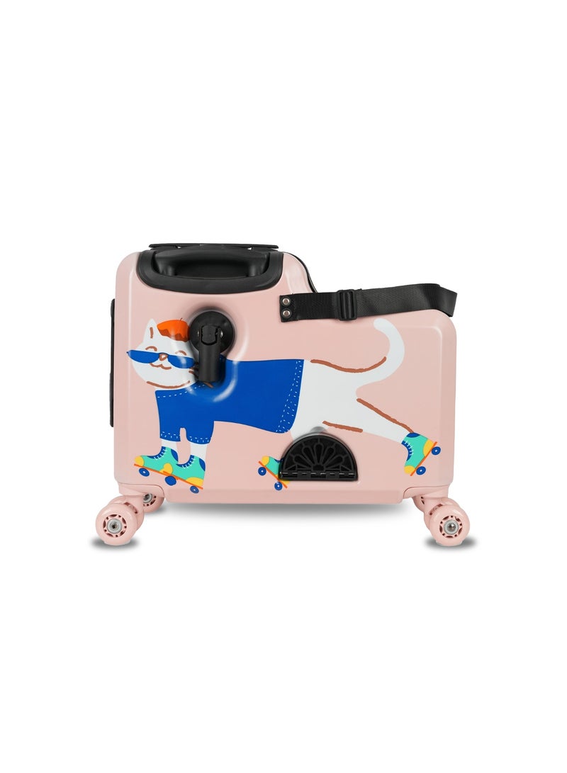 Rolly Rider Kids Ride-On Suitcase 20", Carry-On Luggage with 360° Spinner Wheels, Lightweight ABS Hard Shell Travel Trolley for Children Ages 2-10, Pink Whisker Cat Design - Image 1