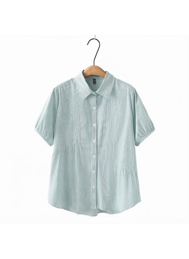Generic - T5 Plus Chubby Girl Plus Size Women's Summer Wear Slimming All-match Loose Cotton Washed Striped Short-sleeved Shirt 2408 - Image 1