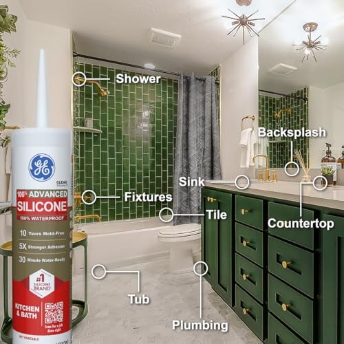 GE Advanced Silicone Caulk for Kitchen & Bathroom, Clear, 10 fl oz Cartridge, 1 Pack - 100% Waterproof Silicone Sealant, 5X Stronger Adhesion, Shrink & Crack Proof - Image 4