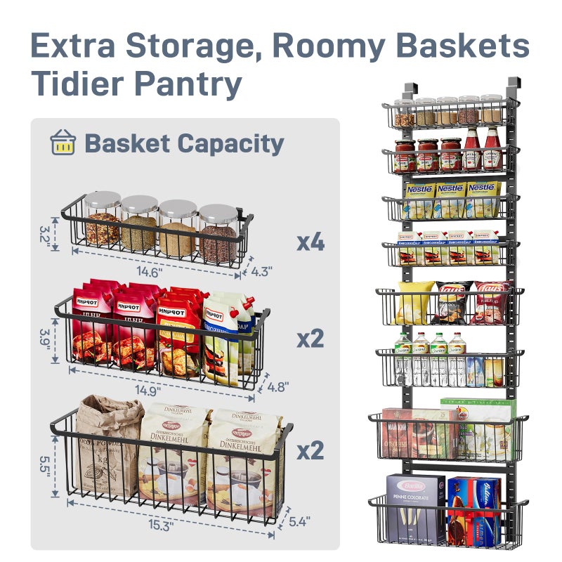 MSERCUOR Over The Door Pantry Organizer, 8-Tier Over The Door Organizer with Adjustable Baskets, Metal Hanging Spice Rack for Pantry Organizers and Storage, Suitable for Kitchen Laundry Room & Bathroom, Black - Image 5