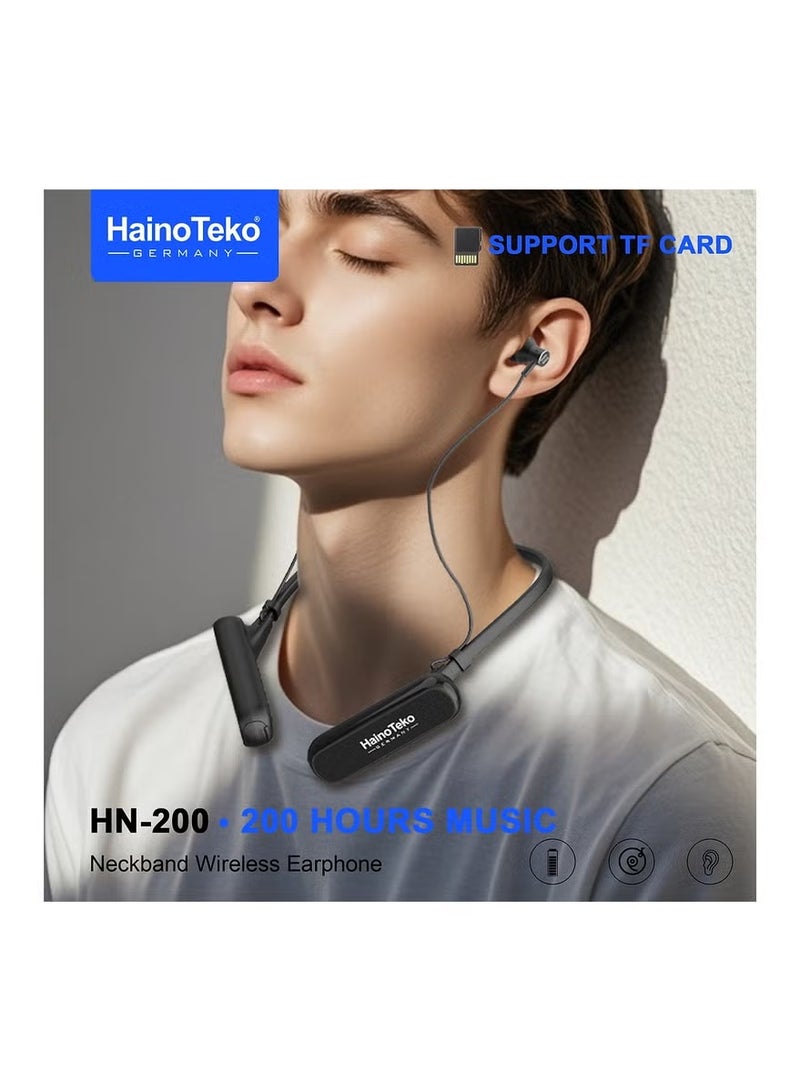 Haino Teko HN-200 Wireless Neckband Earphone with 200 Hours Music Playback, TF Card Support, Multi-Function Controls, HD Microphone - Black - Image 3