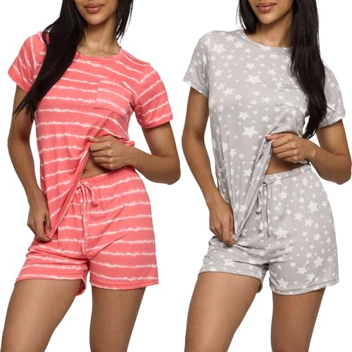REALESSENTIALS Real Essentials 2 Pack: Women’s Short Sleeve Pajama Short Set - Comfy Lightweight Soft Lounge Sleepwear (Plus X-Large - Image 1