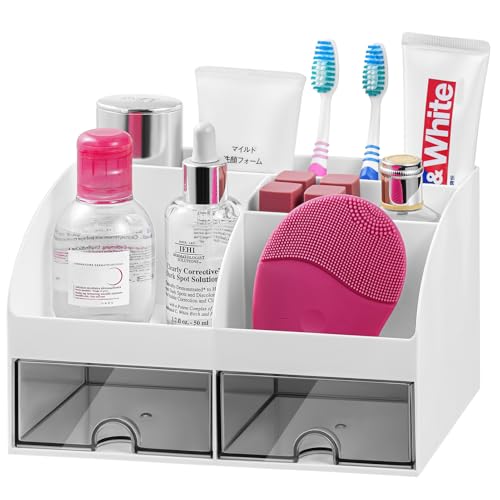 VITVITI Toothbrush Holders for Bathrooms Countertop, 5 Slots Toothpaste Bathroom Counter Sink Organizer with Drawers, Plastic Bathroom Organizer for Vanity/Makeup/Office White - Image 1