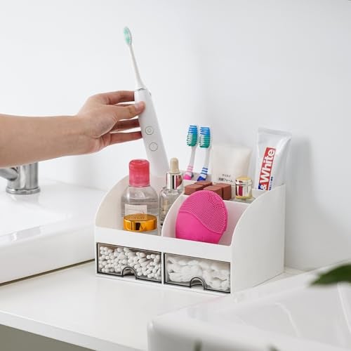 VITVITI Toothbrush Holders for Bathrooms Countertop, 5 Slots Toothpaste Bathroom Counter Sink Organizer with Drawers, Plastic Bathroom Organizer for Vanity/Makeup/Office White - Image 3