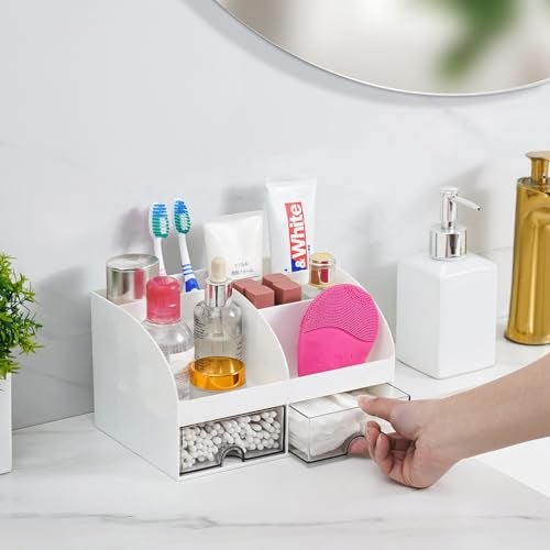 VITVITI Toothbrush Holders for Bathrooms Countertop, 5 Slots Toothpaste Bathroom Counter Sink Organizer with Drawers, Plastic Bathroom Organizer for Vanity/Makeup/Office White - Image 2