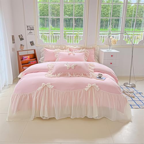 SOUKECHY Girls Lace Bedding,Pink Full Comforter Cover Set, Chic Ruffled Duvet Cover with Lovely Bow,Princess Style 1 Duvet Cover with 2 Pillowcases, No Comforter-Pink,Full Size - Image 2