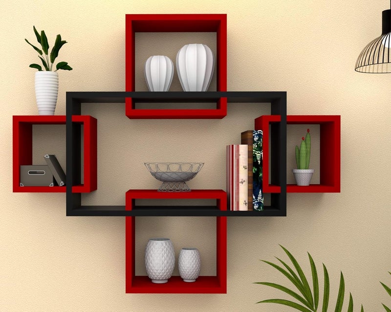 DDS Dream Decor Shoppee DDS Engineered Wood Wall Decor Floating Shelf Display Rack 5 intersecting Decorative Living Room Shelves Décor for Living Room Bed Rooms Hall Etc. (RED Black) - Image 2