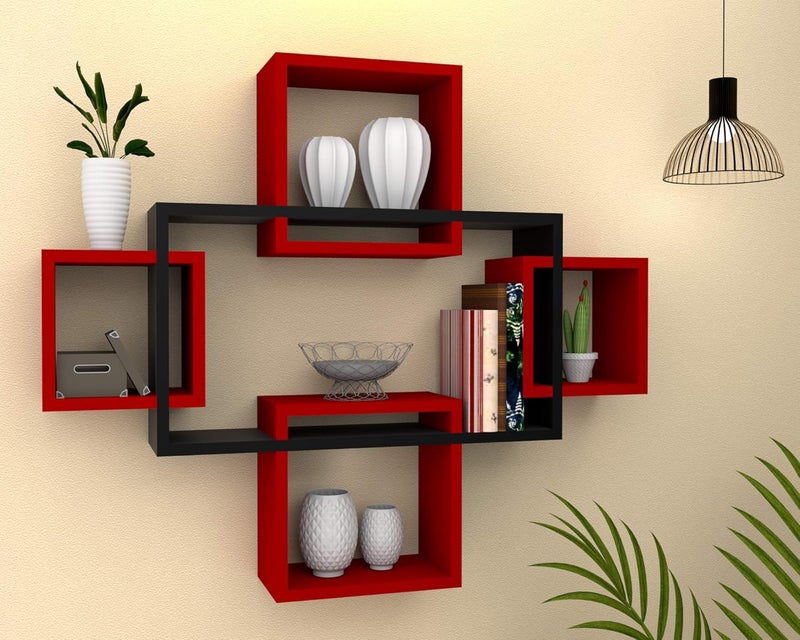 DDS Dream Decor Shoppee DDS Engineered Wood Wall Decor Floating Shelf Display Rack 5 intersecting Decorative Living Room Shelves Décor for Living Room Bed Rooms Hall Etc. (RED Black) - Image 1