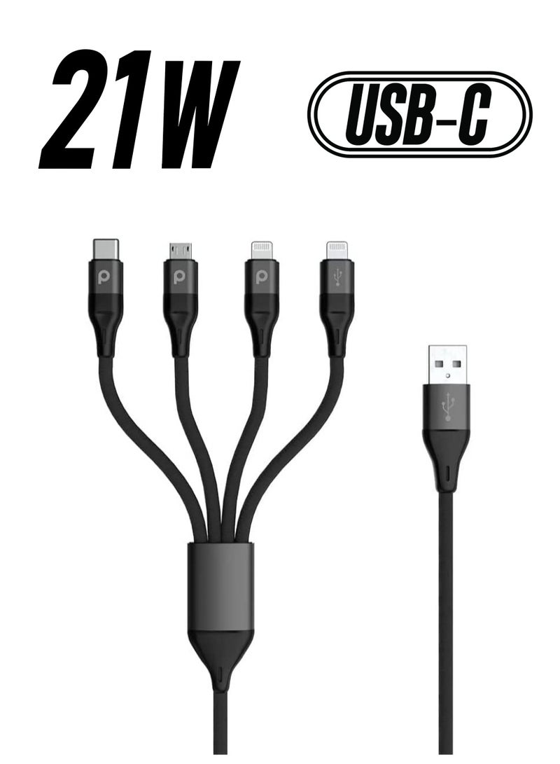 4 in 1 Aluminum Braided Cable 1.2M 2.4A Compatible for iPhone Lightning 2X / Micro USB/Type-C Port Devices | Fast Charging Connector | Supports 9V PD Charging Cable