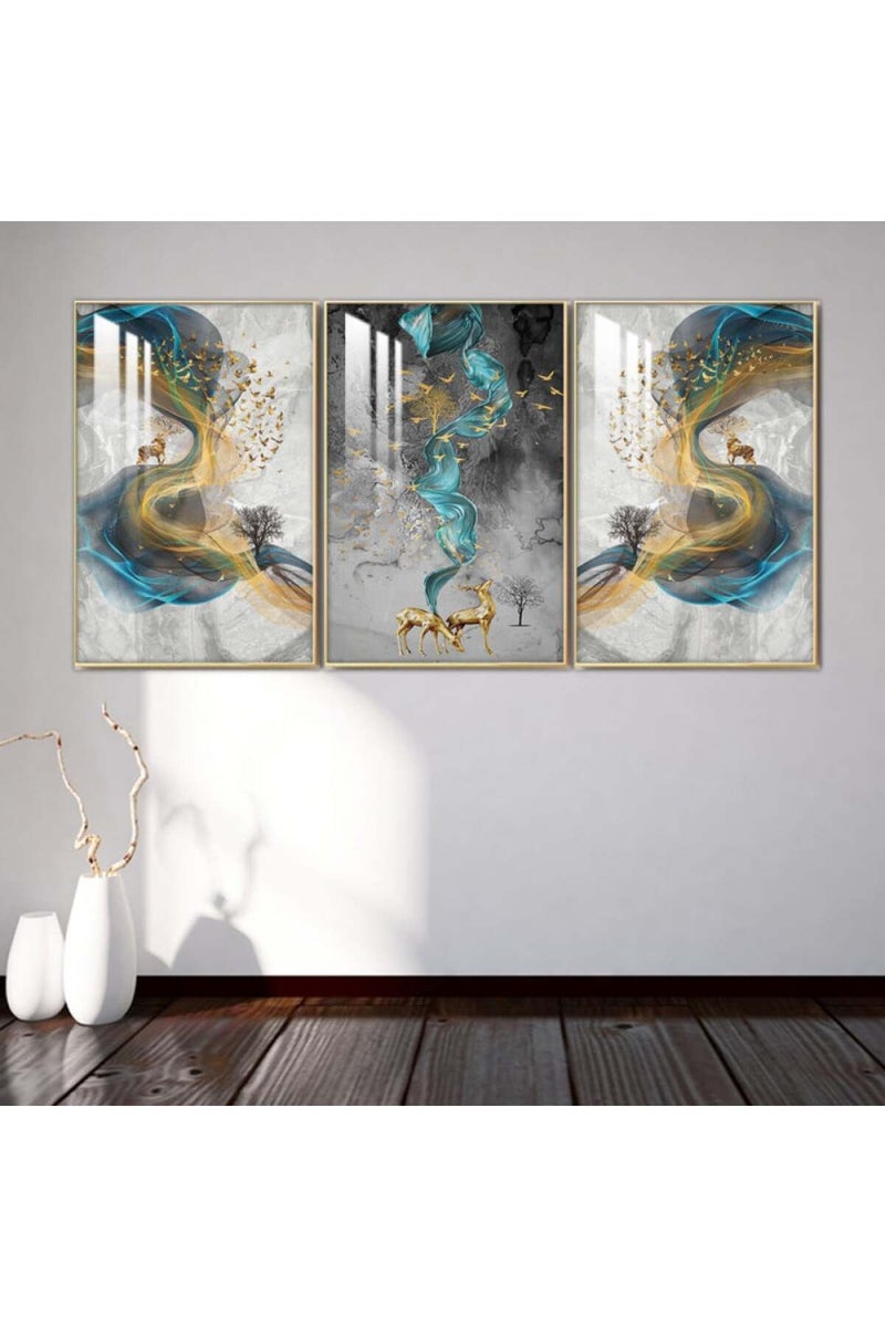 Marktna Three wooden wall painting with a deer design, with a frame and a clear acrylic layer. - Image 1