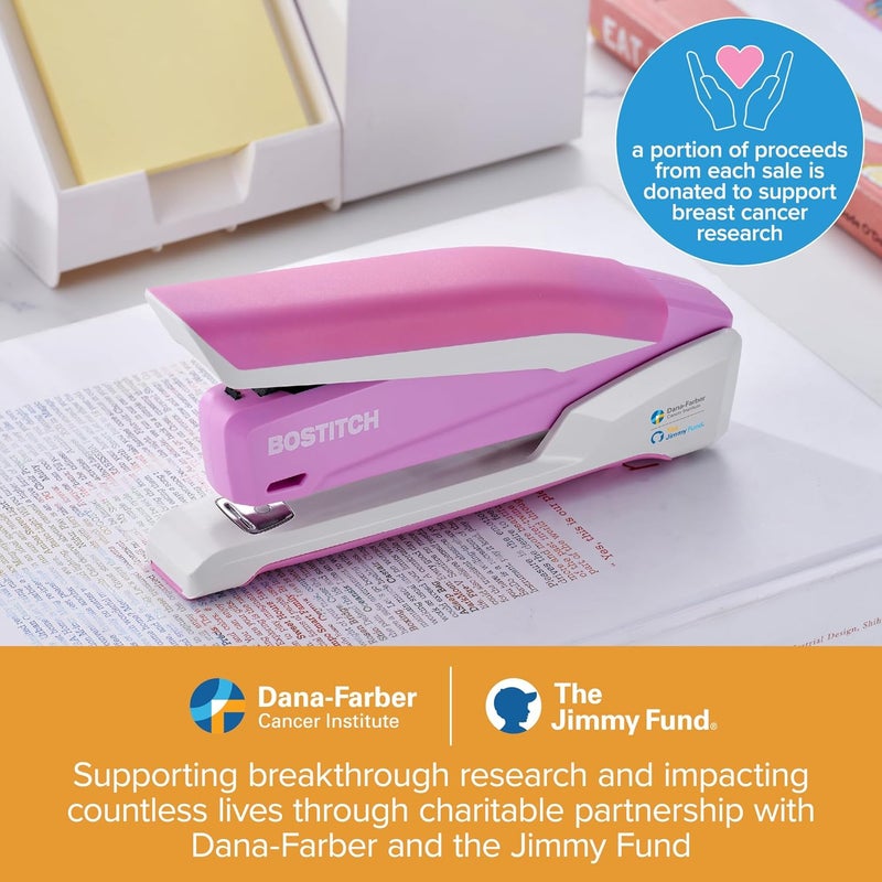 PaperPro Bostitch Office InPower Spring-Powered Desktop Stapler, 20 Sheet Capacity, One Finger Stapling, Includes 210 Staples, Jam Free, Opens for Tacking, Breast Cancer Awareness Pink - Image 3