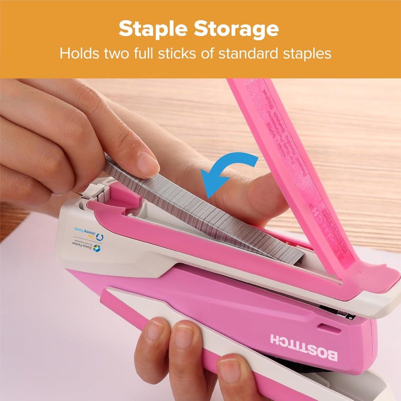 PaperPro Bostitch Office InPower Spring-Powered Desktop Stapler, 20 Sheet Capacity, One Finger Stapling, Includes 210 Staples, Jam Free, Opens for Tacking, Breast Cancer Awareness Pink - Image 5
