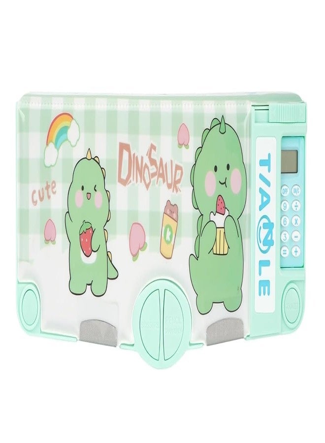 GETNAKSH Plastic Multifunctional School Pencil Box with Calculator Cute Cartoon Stationary Compass Geometry Kids with Inbuilt Scissor Ruler Eraser Magnetic Box (Green Dinosaour Calculator15) - Image 1