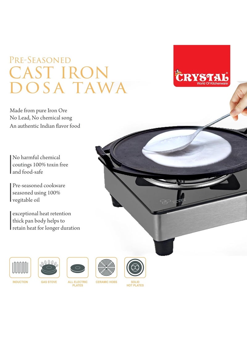 Crystal Pre-Seasoned Cast Dosa Tawa with 2 Handles 300 Mm | Free Handle Cover | 100% Toxin Free | Naturally Non Stick | Long Lasting | Induction & Gas Stove Compatible - Image 4