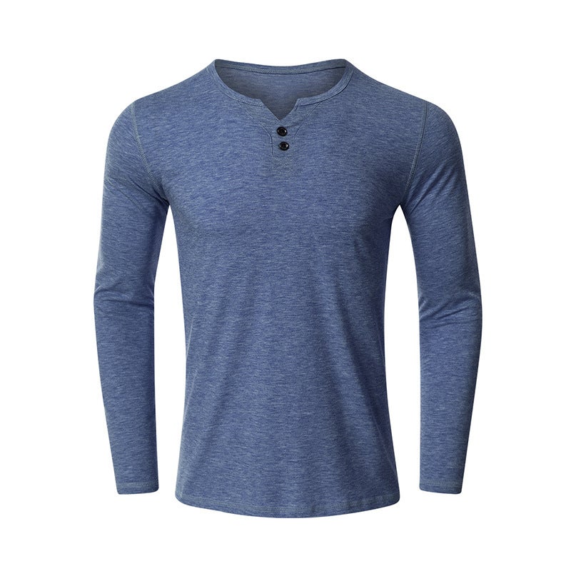 لون صلب صغير V-neck طويل الأكمام قاع تي شيرت للرجال 2021 خريف وشتاء التجارة الخارجية زر الديكور فضفاضة الرجال أعلى - Image 3