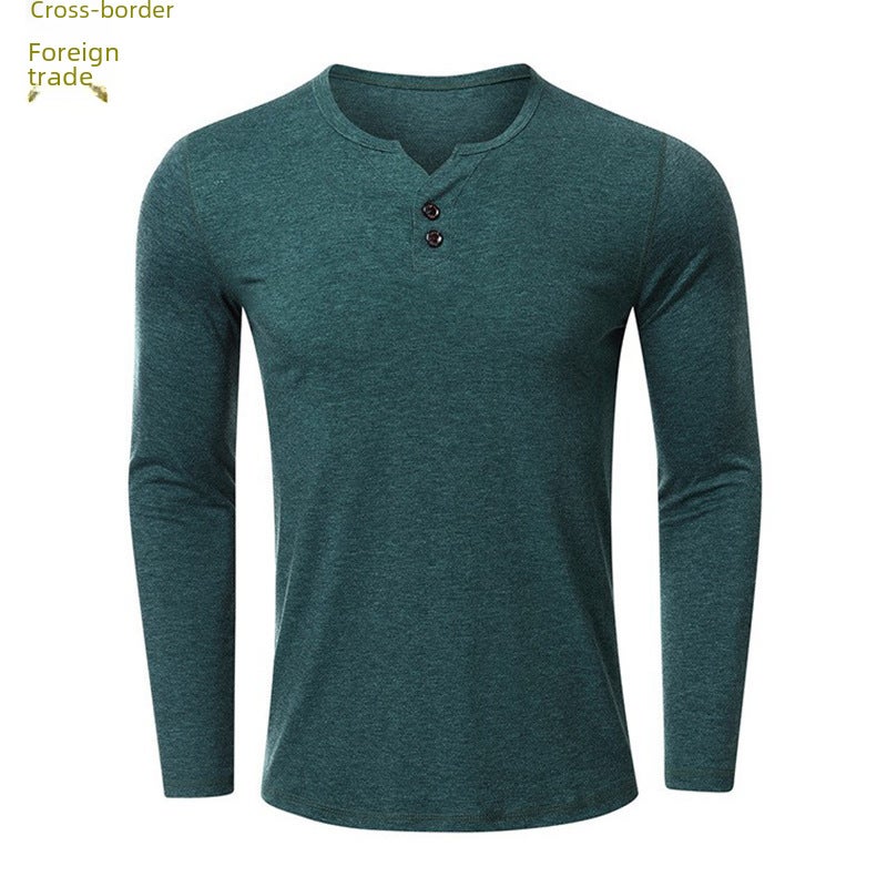 لون صلب صغير V-neck طويل الأكمام قاع تي شيرت للرجال 2021 خريف وشتاء التجارة الخارجية زر الديكور فضفاضة الرجال أعلى - Image 2