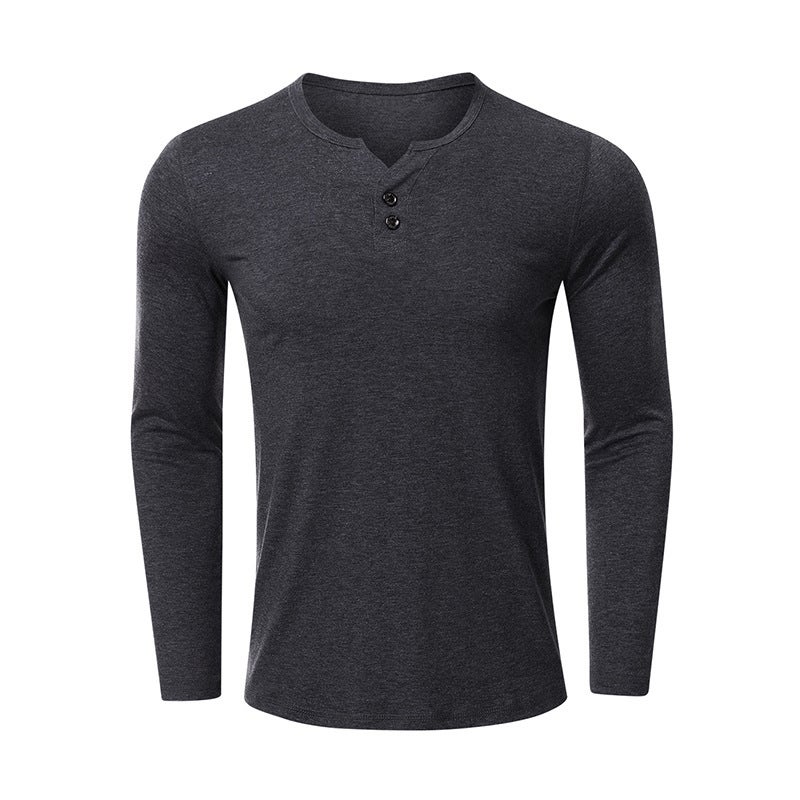 لون صلب صغير V-neck طويل الأكمام قاع تي شيرت للرجال 2021 خريف وشتاء التجارة الخارجية زر الديكور فضفاضة الرجال أعلى - Image 4