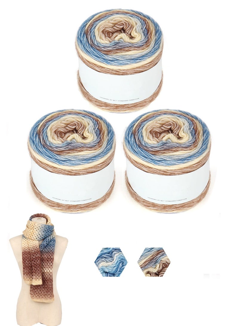 خيوط للكروشيه والحياكة - خيوط كعكة متدرجة الألوان - عبوة من 3 قطع بوزن 100 جرام/3.52 أونصة - 60% قطن، 30% أكريليك، 10% صوف - مثالية للأوشحة والشالات والبطانيات والملابس التي تبرز بأناقة - Image 1