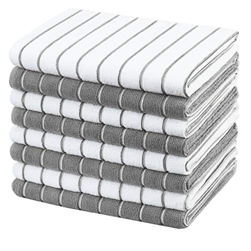 gryeer Microfibre Tea Towels  Pack of 8 Stripe Designed Grey and White Colours  Soft Super Absorbent and Lint Free Kitchen Towels 45 x 65 cm