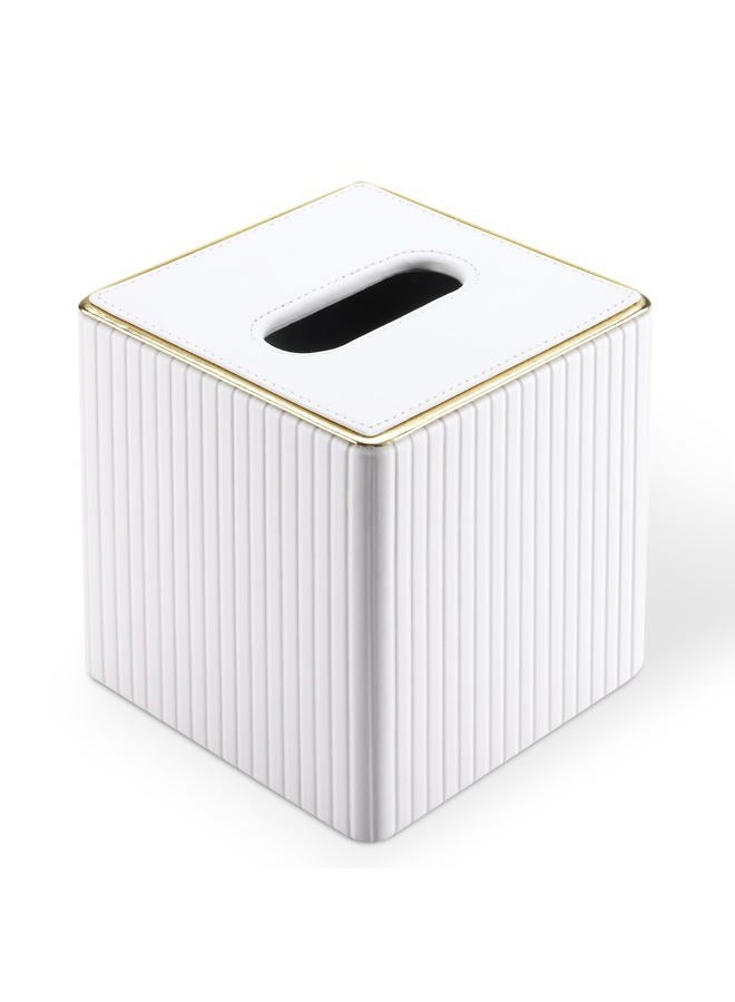 KINGFOM Tissue Box Cover, PU Leather Square Tissue Box Holder for Kleenexs with Magnetic Bottom Cover for Facial Tissues/Napkins, Office & Living Room Decor Box White - Image 2